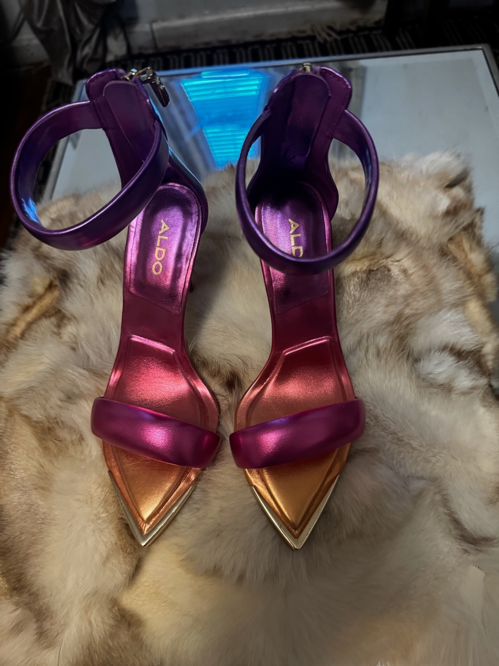ALDO Women’s Metallic Purple and Gold Pointed Toe Ankle Strap Heels
